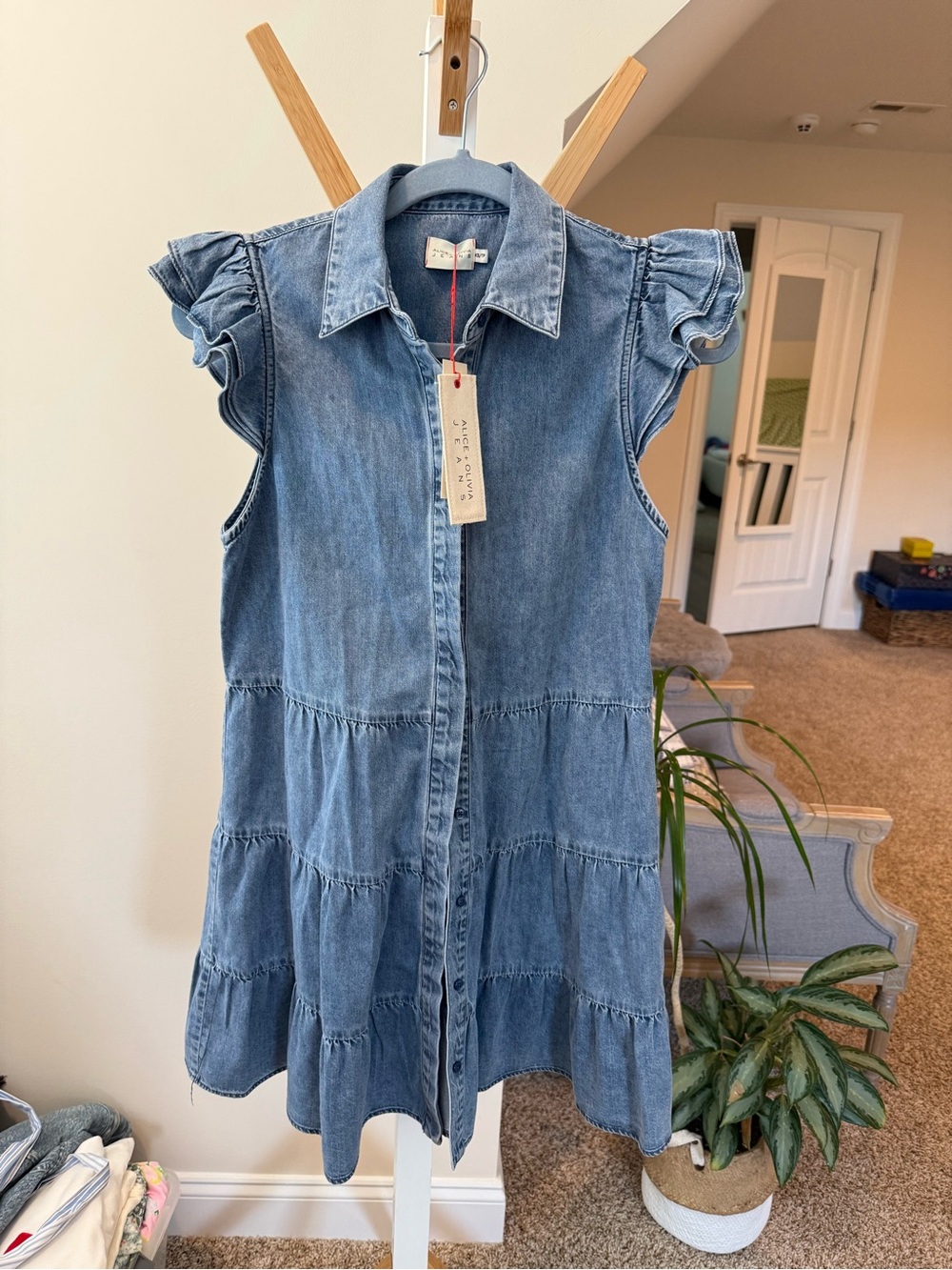 Alice + Olivia Blue Denim Tiered Shirt Dress with Ruffle Sleeves